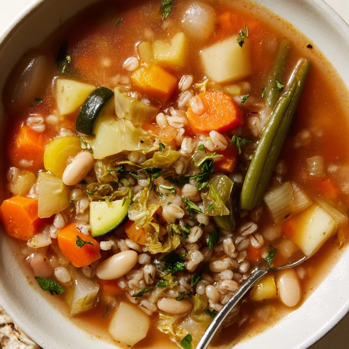 Steaming stone soup featuring tender potatoes carrots cabbage and barley in rustic serving bowl