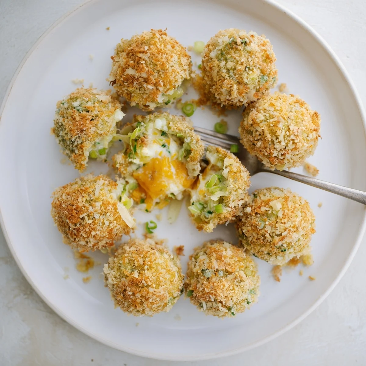 Plate of crispy Irish cheesy fried colcannon balls garnished with fresh scallions for serving