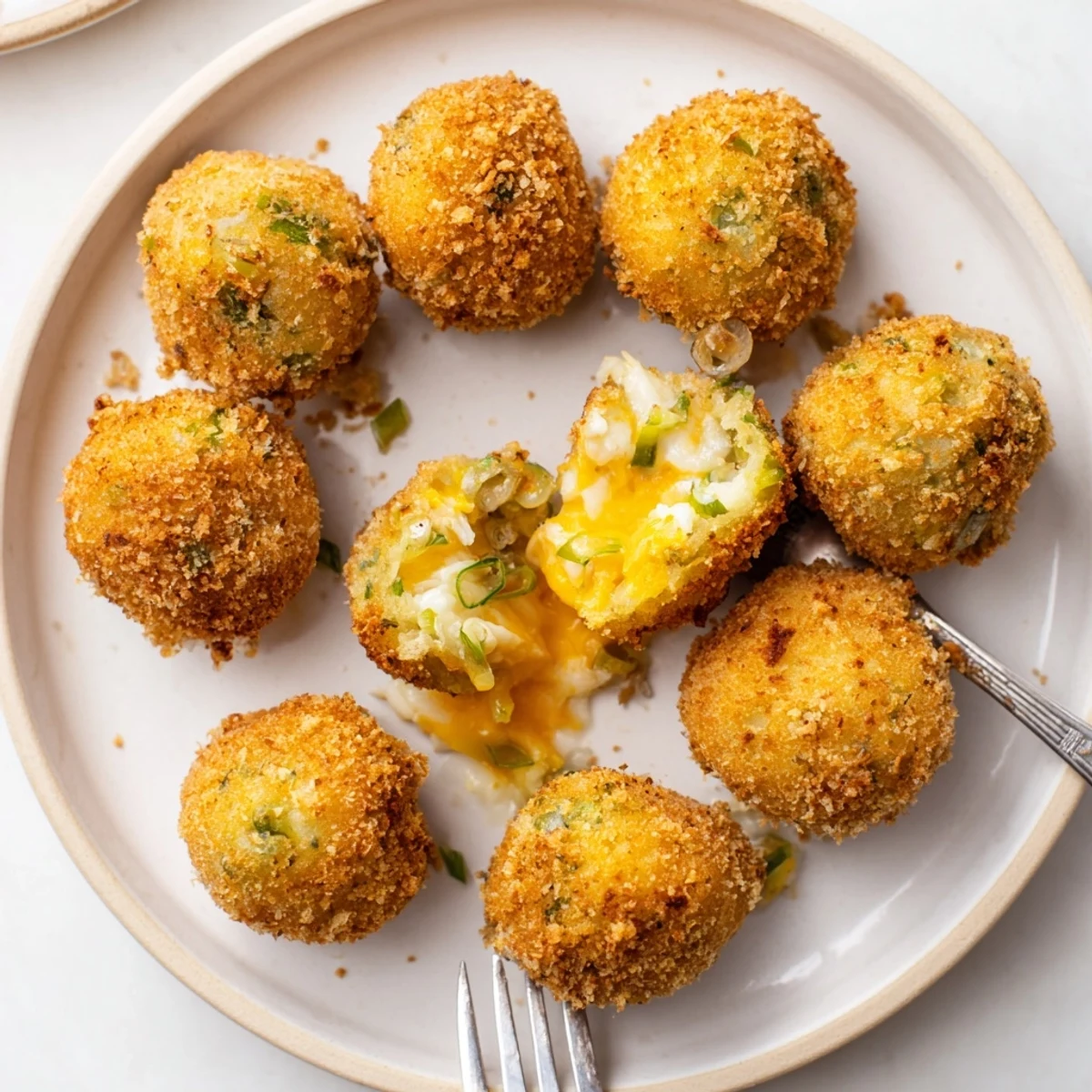Close up of fried colcannon balls cut open revealing melted cheddar cheese and creamy potato interior