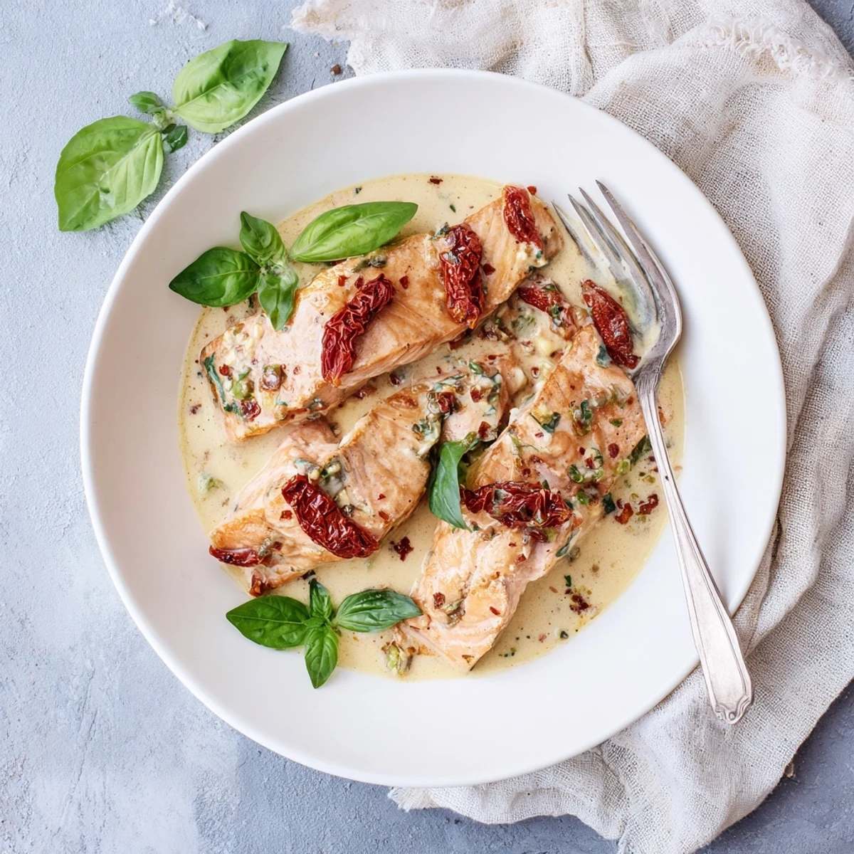 Golden pan-seared salmon fillets swimming in a rich, creamy Parmesan sauce with sun-dried tomatoes and fresh herbs