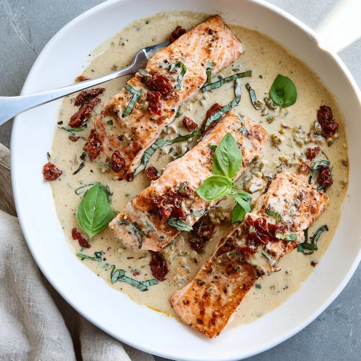 Romantic Marry Me Salmon plated on a white dish, topped with garlicky cream sauce and basil garnish