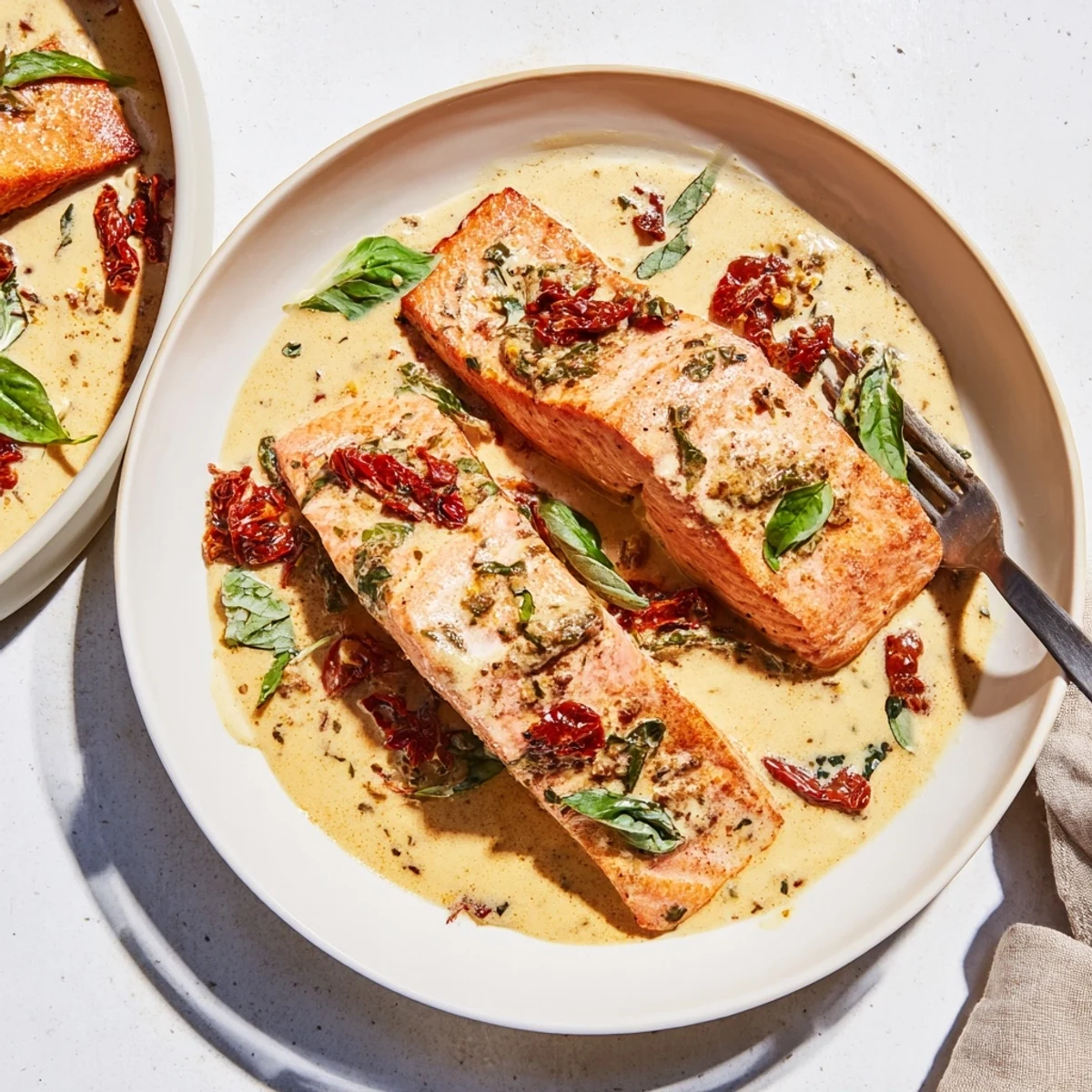 Crispy salmon pieces nestled in a velvety white wine sauce featuring sun-dried tomatoes and red pepper flakes
