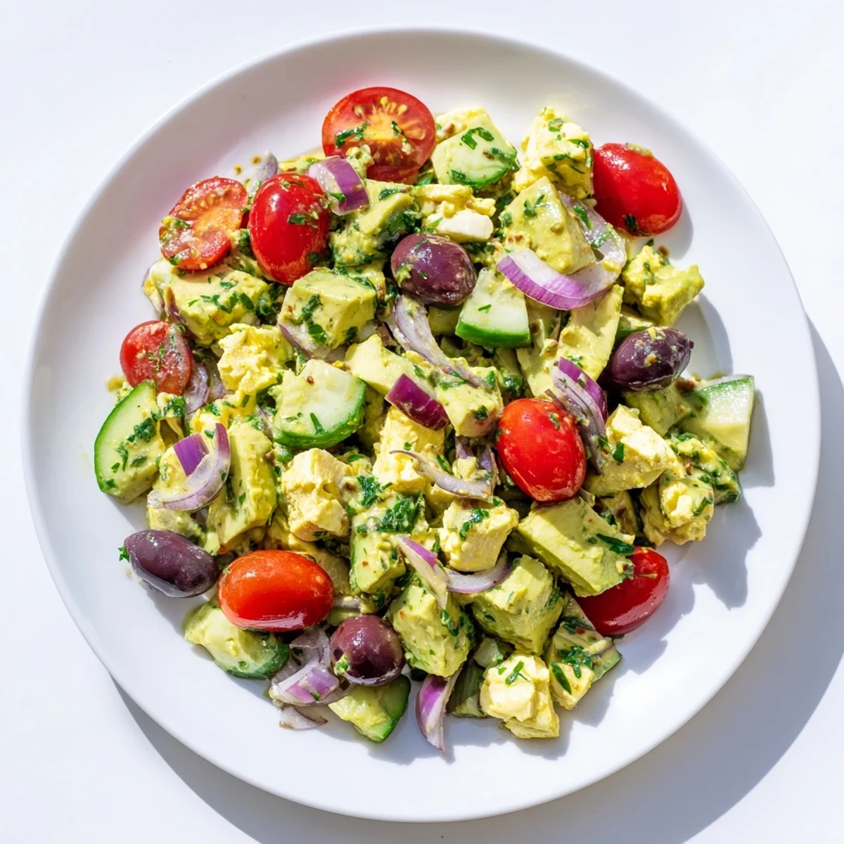 Creamy Mediterranean avocado egg salad served in a bowl with colorful vegetables and fresh herbs