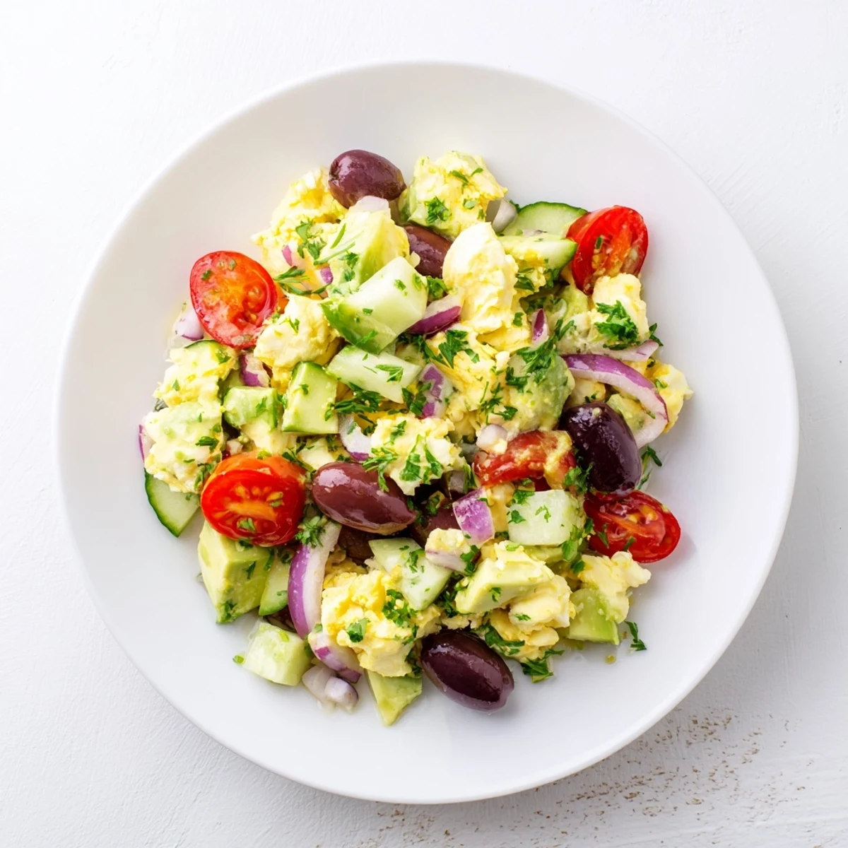 Vibrant zesty avocado egg salad bowl featuring chopped eggs, crisp veggies, and olive garnish