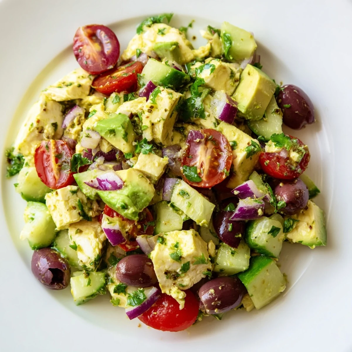 Close-up of Mediterranean avocado egg salad with chunky avocado, cherry tomatoes, and kalamata olives