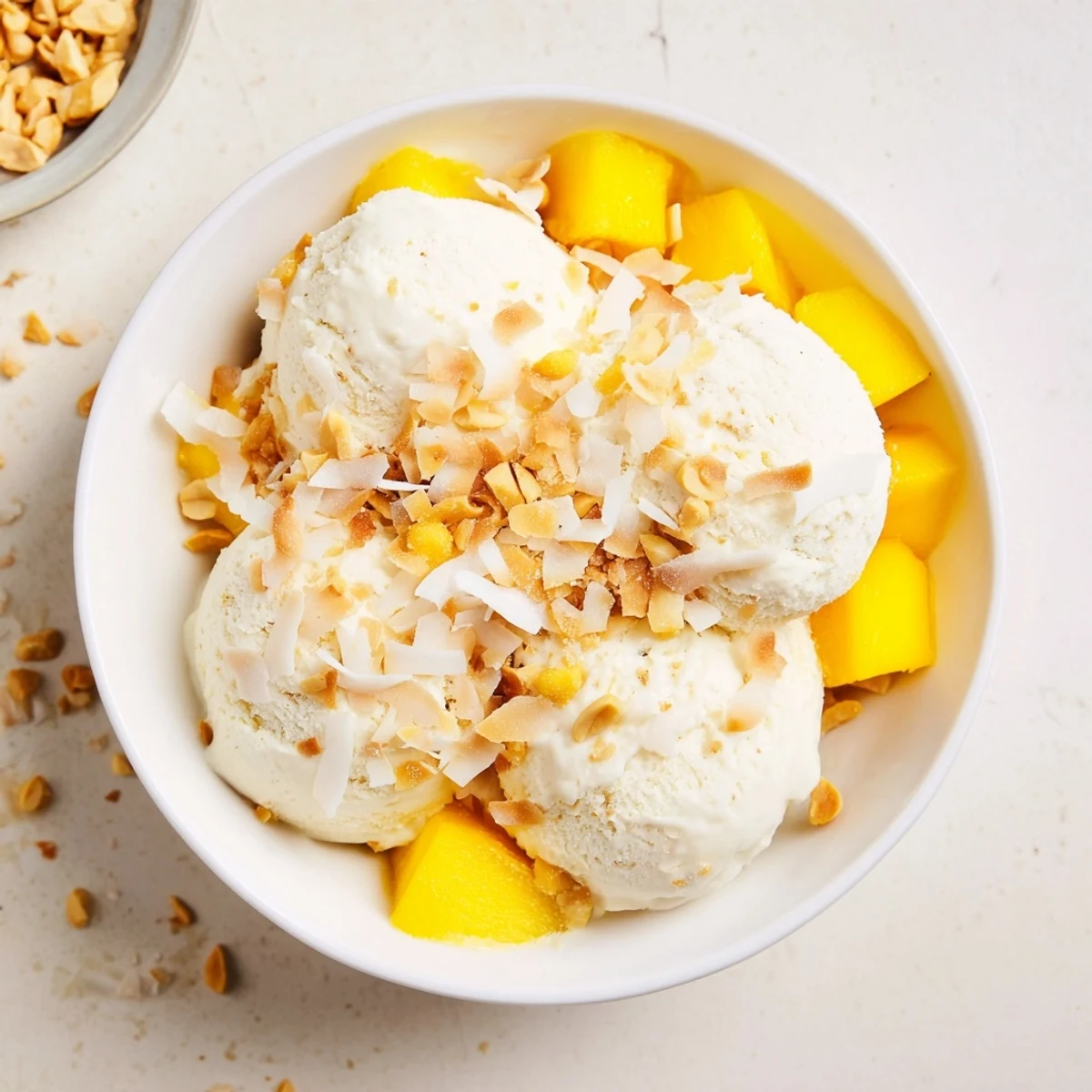 Creamy Thai coconut milk ice cream scooped into a chilled bowl with toasted coconut flakes garnish