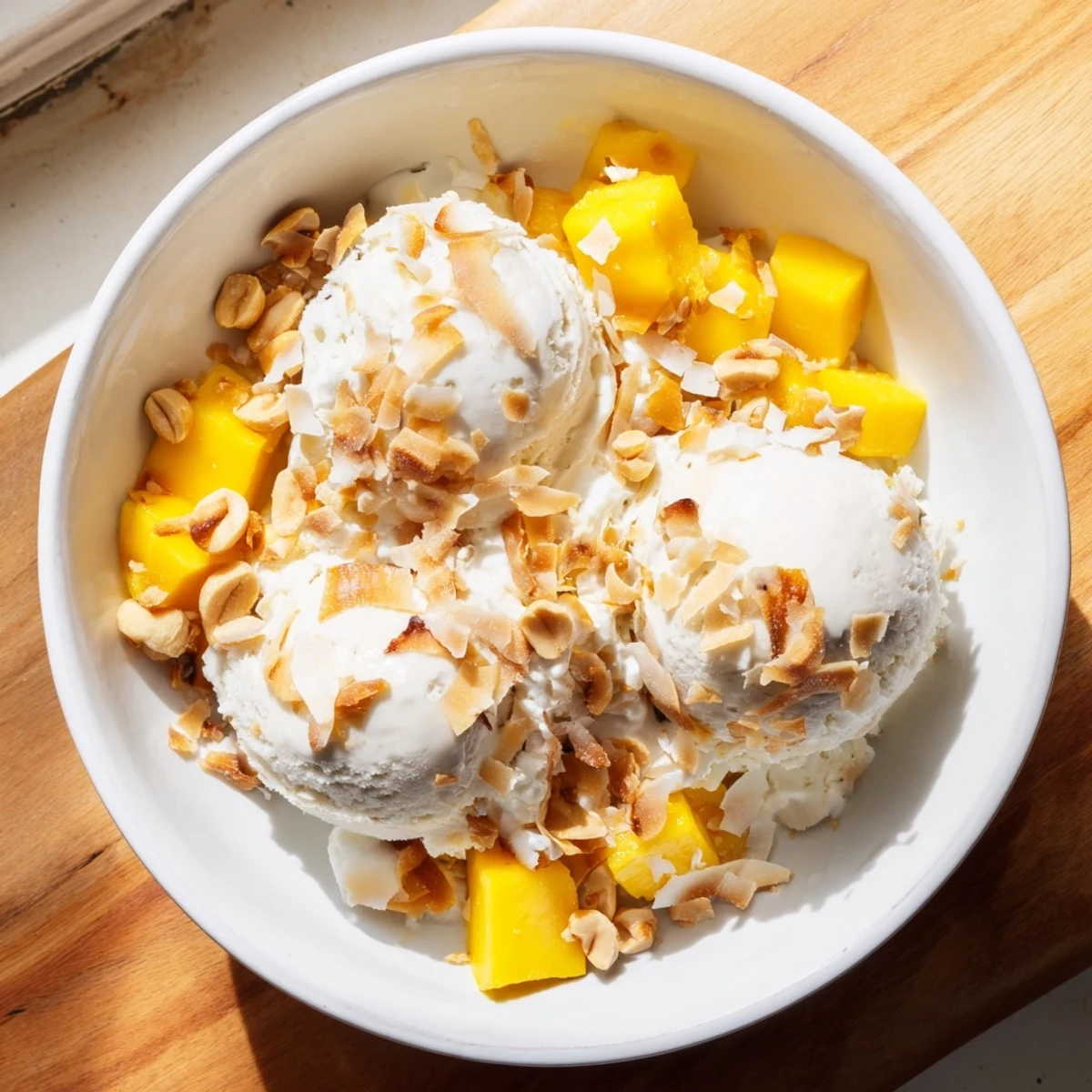 Vegan Thai coconut milk ice cream displaying smooth texture topped with diced ripe mango and peanuts