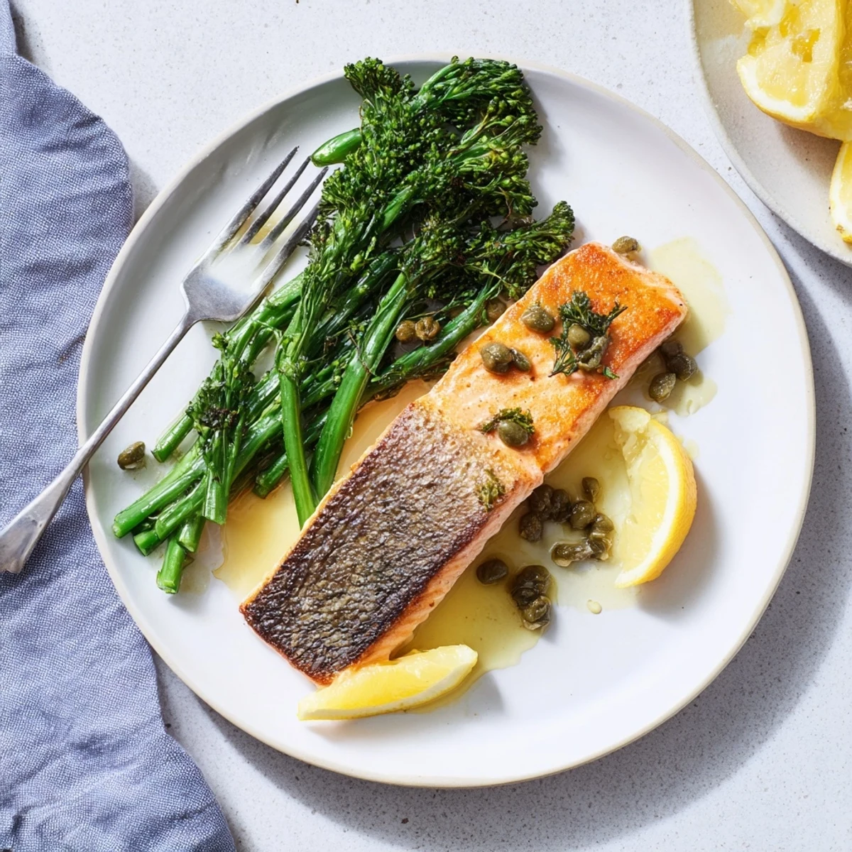 Golden crispy-skinned Gordon Ramsay pan fried salmon with herb butter sauce and tender vegetables
