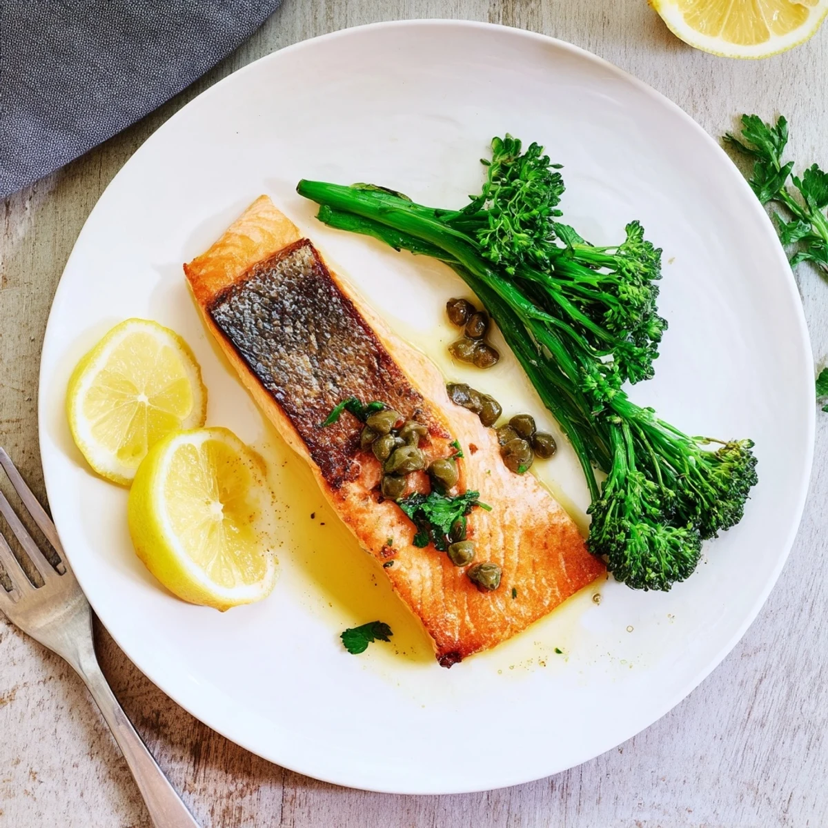 Restaurant-quality Gordon Ramsay pan fried salmon fillet served with lemon wedges and capers
