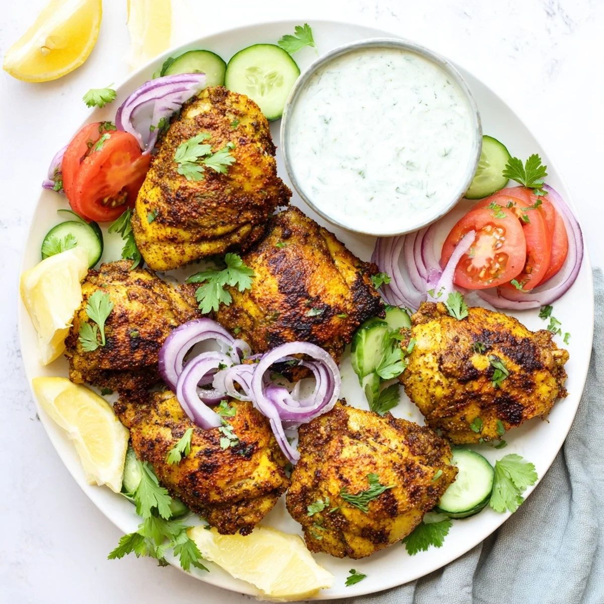 Golden brown Lebanese Chicken thighs garnished with fresh herbs and sliced vegetables on a platter