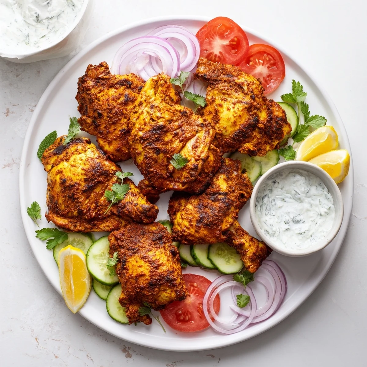 Tender spiced Lebanese Chicken pieces served alongside cool herby yogurt sauce with lemon wedges