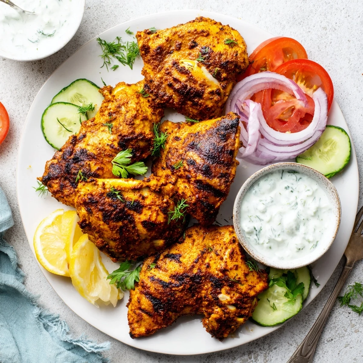 Roasted Lebanese Chicken arranged on serving dish with red onion, cucumber, and fresh parsley sprinkles