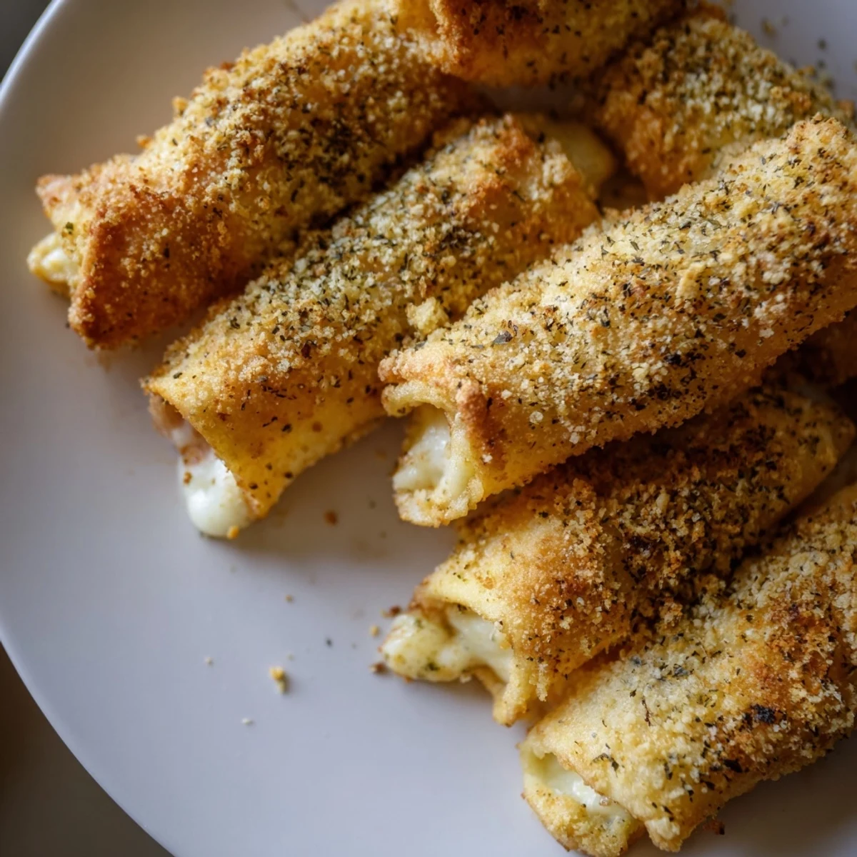 Golden brown crispy cheesy roll ups with melty mozzarella center on serving plate