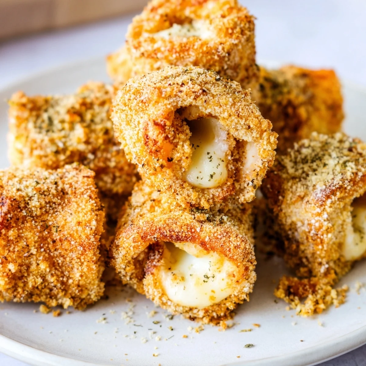 Pan fried cheesy roll ups sprinkled with Parmesan garlic breadcrumbs ready for dipping