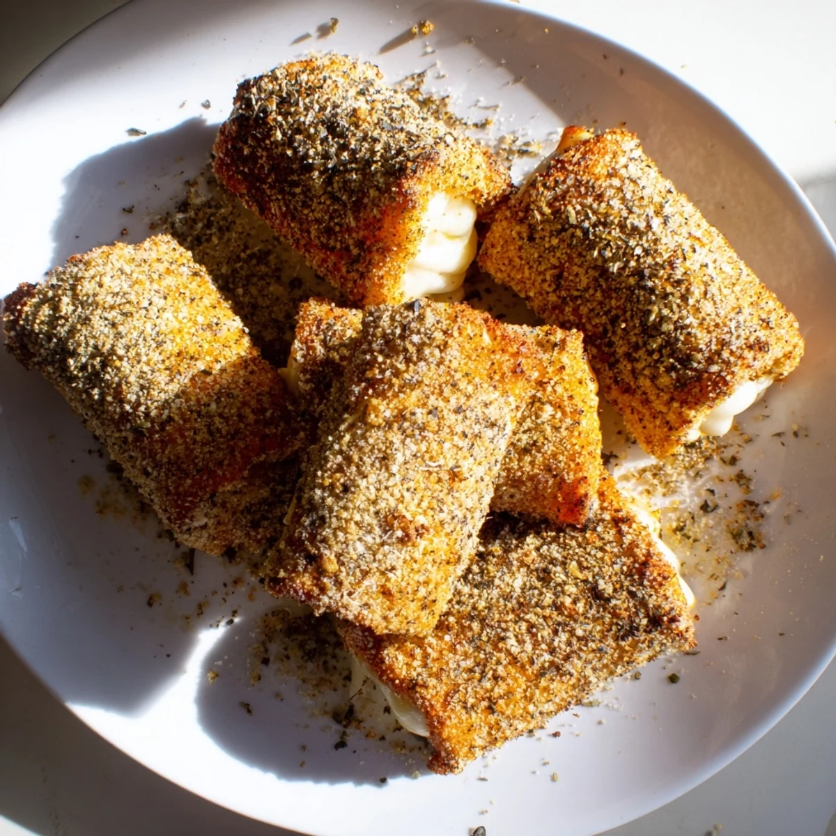 Crispy breadcrumb coated roll ups filled with stretching cheese on white background