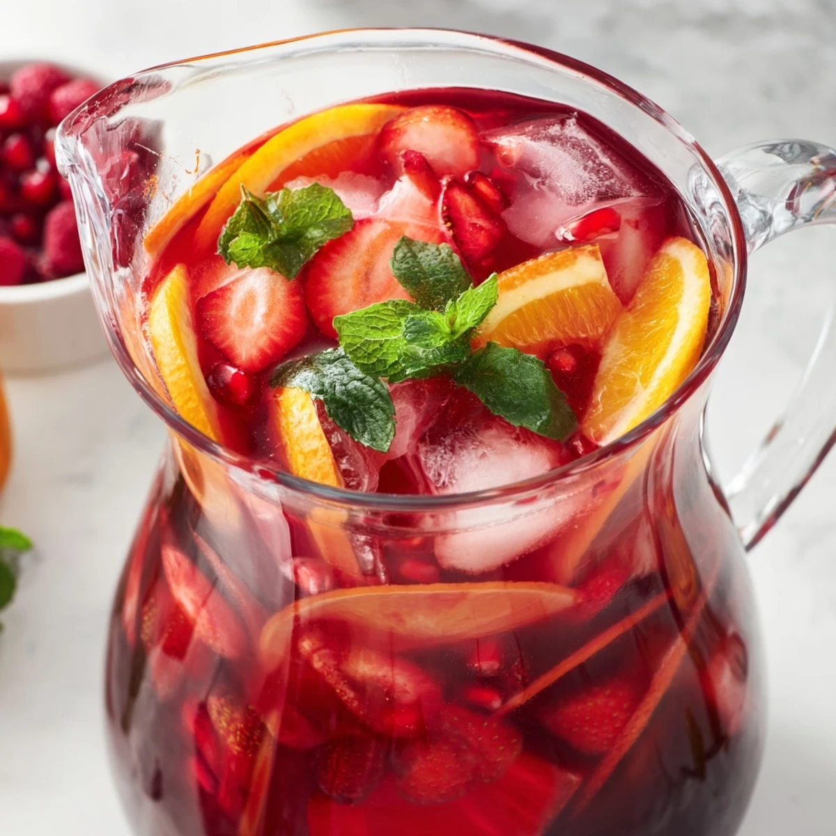Garnished glass of refreshing Love Potion Punch with floating strawberry and orange slices