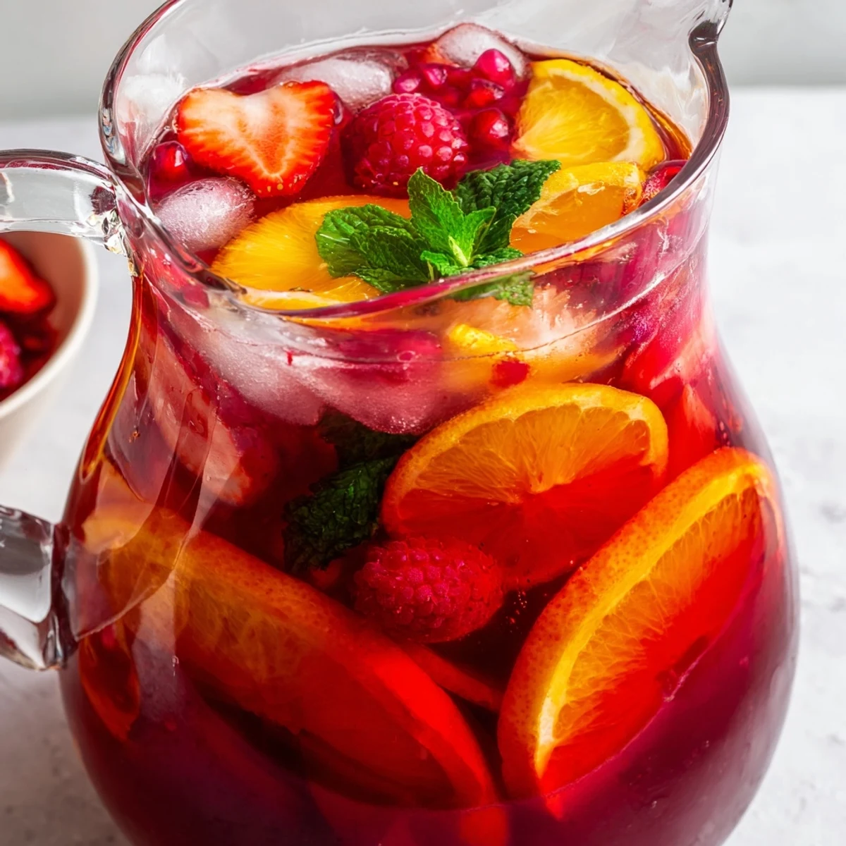 Clear pitcher displaying vibrant red berry blend with fresh mint sprigs and ice