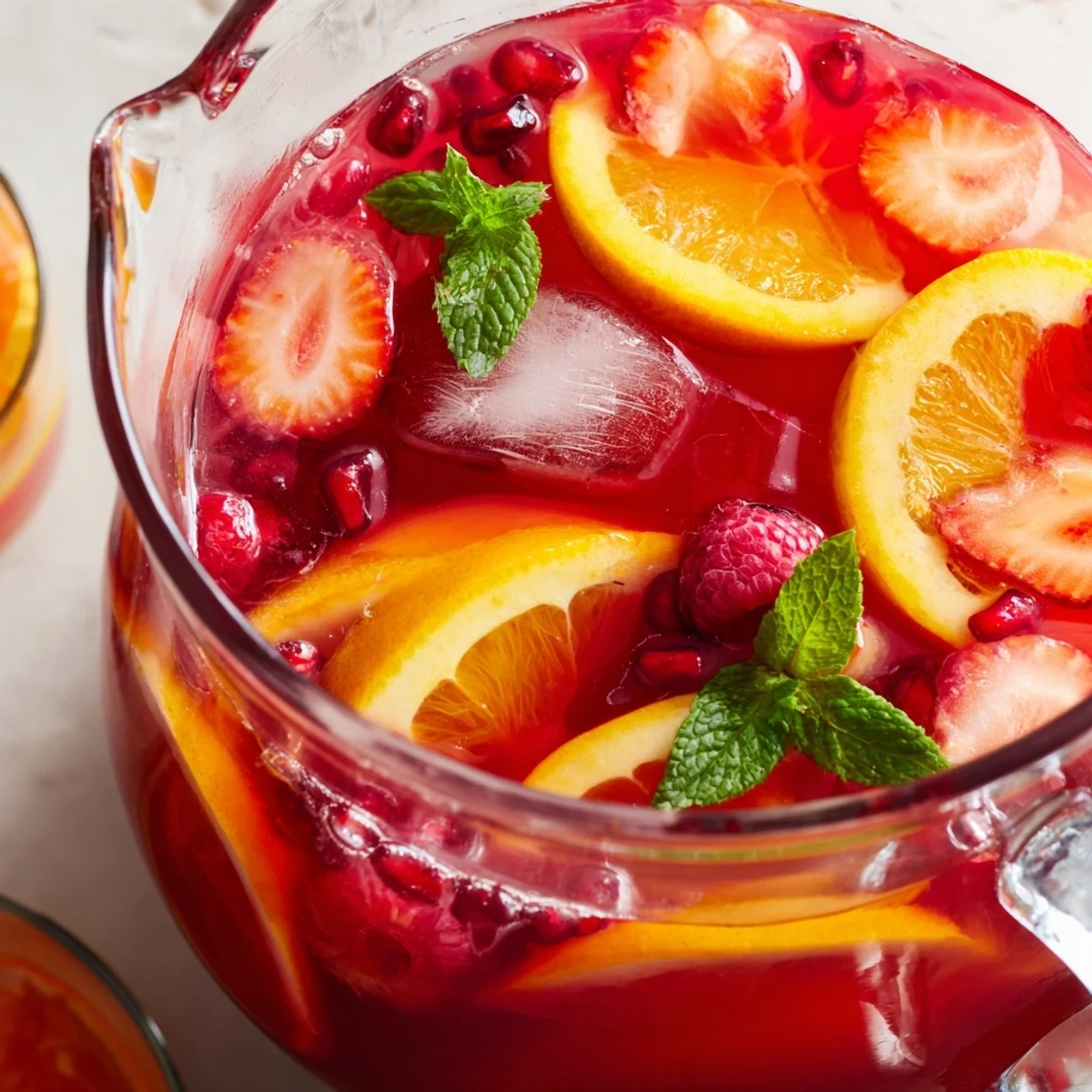 Sparkling Love Potion Punch served in stemmed glass with raspberry and citrus garnish