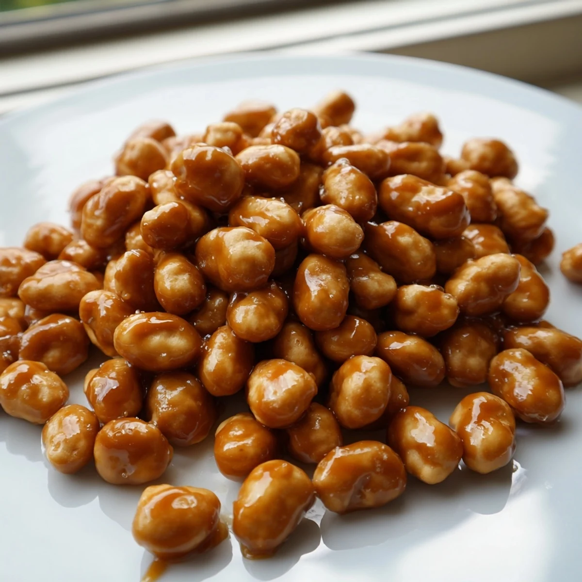 Golden brown caramel crunch oyster crackers piled on a white serving platter