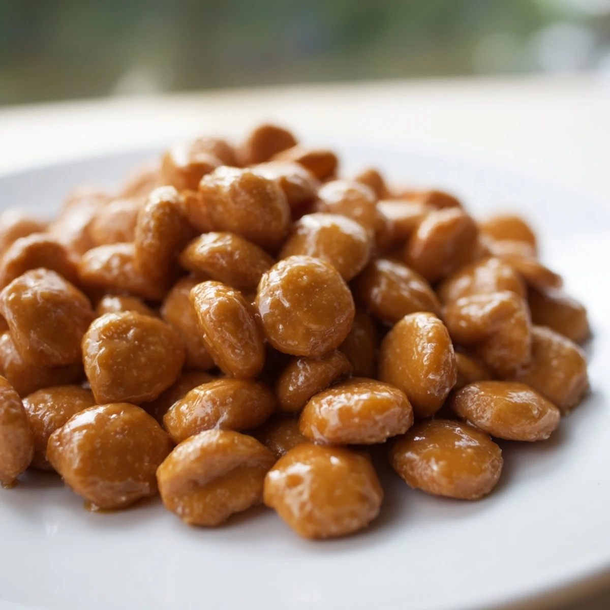 Crispy caramel coated oyster crackers cooling on a parchment lined baking sheet