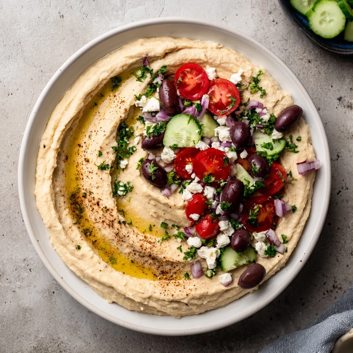 Creamy Greek style loaded hummus topped with fresh vegetables, olives, and crumbled feta cheese