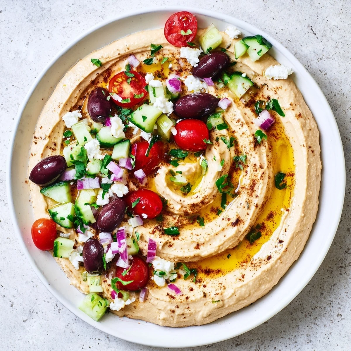Vibrant Mediterranean Greek style loaded hummus garnished with cherry tomatoes, cucumber, and parsley