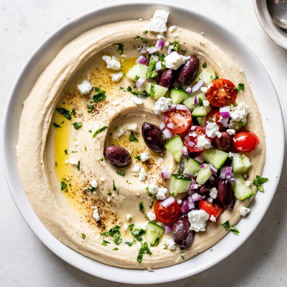 Golden Greek style loaded hummus swirl drizzled with olive oil and savory Kalamata olives