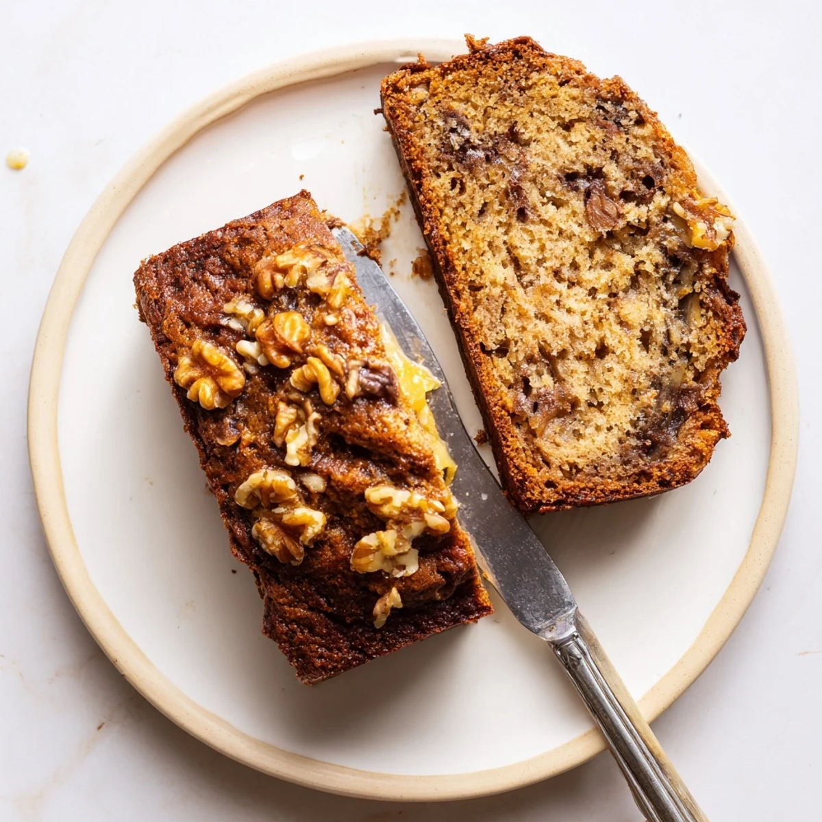 Thick slice of super moist banana bread showing its soft texture, served on a plate with optional walnuts scattered nearby