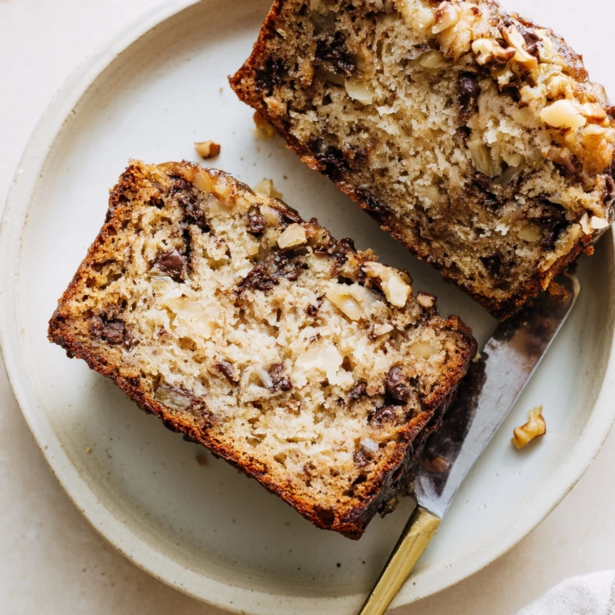 Golden super moist banana bread loaf with a crackled top and tender crumb, freshly baked and sliced on a wooden board