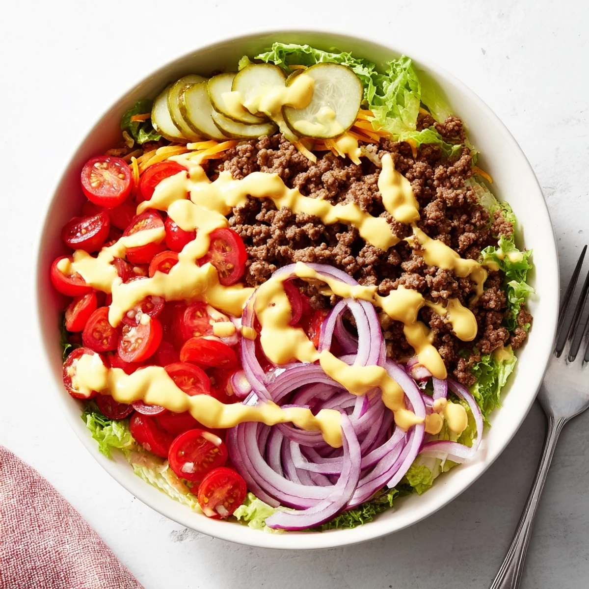 Golden brown seasoned ground beef piled over crisp lettuce with creamy special sauce drizzled over these hearty low-carb burger bowls