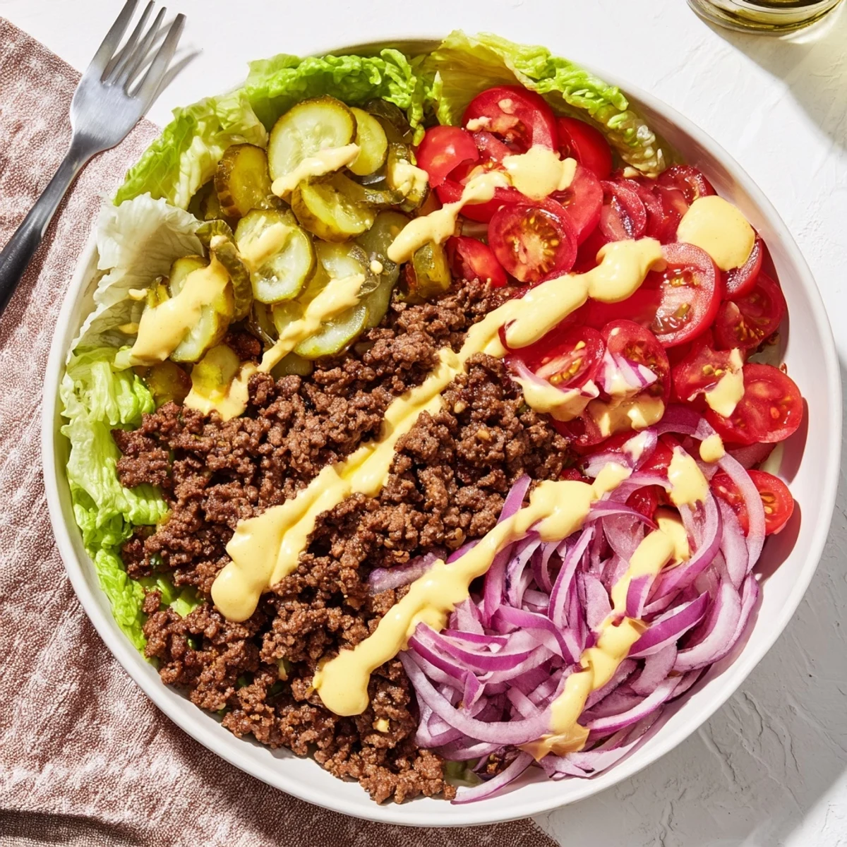 Deconstructed burger bowls featuring juicy seasoned beef, melted cheddar cheese, fresh tomatoes, and tangy homemade sauce served in layered bowls