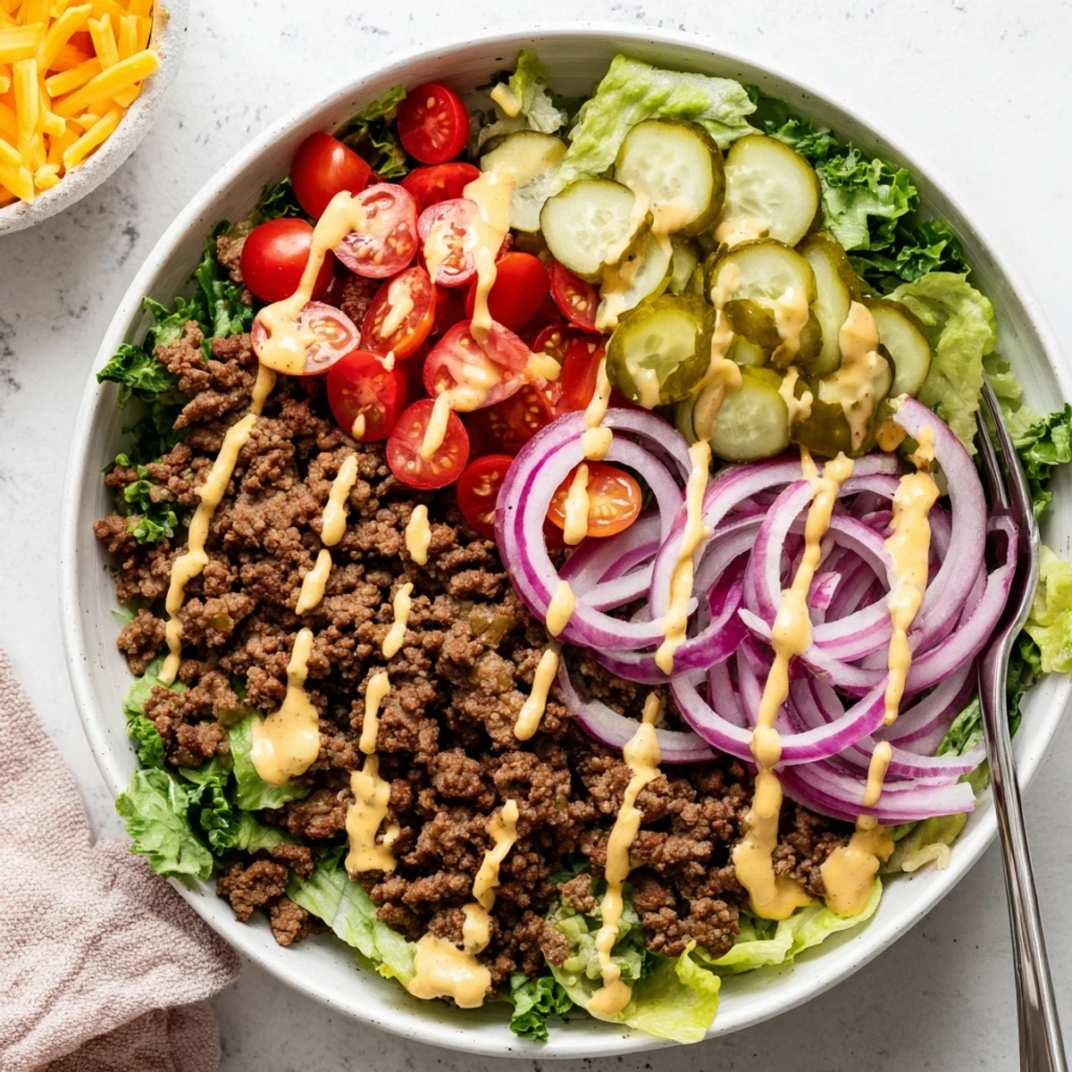Healthy burger bowl with romaine lettuce base topped with savory spiced beef, crumbled bacon, sliced pickles, and rich dressing