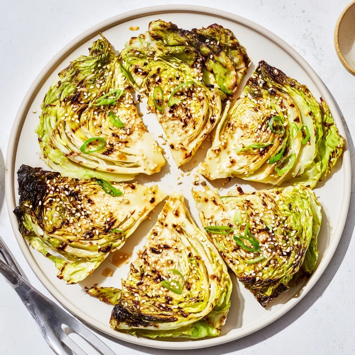 Tender miso butter roasted cabbage wedges with caramelized edges and green onion garnish