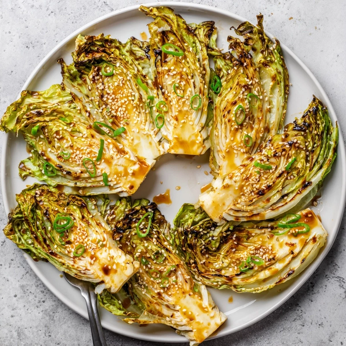 Golden roasted cabbage wedges glazed with savory miso butter sauce and sesame seeds