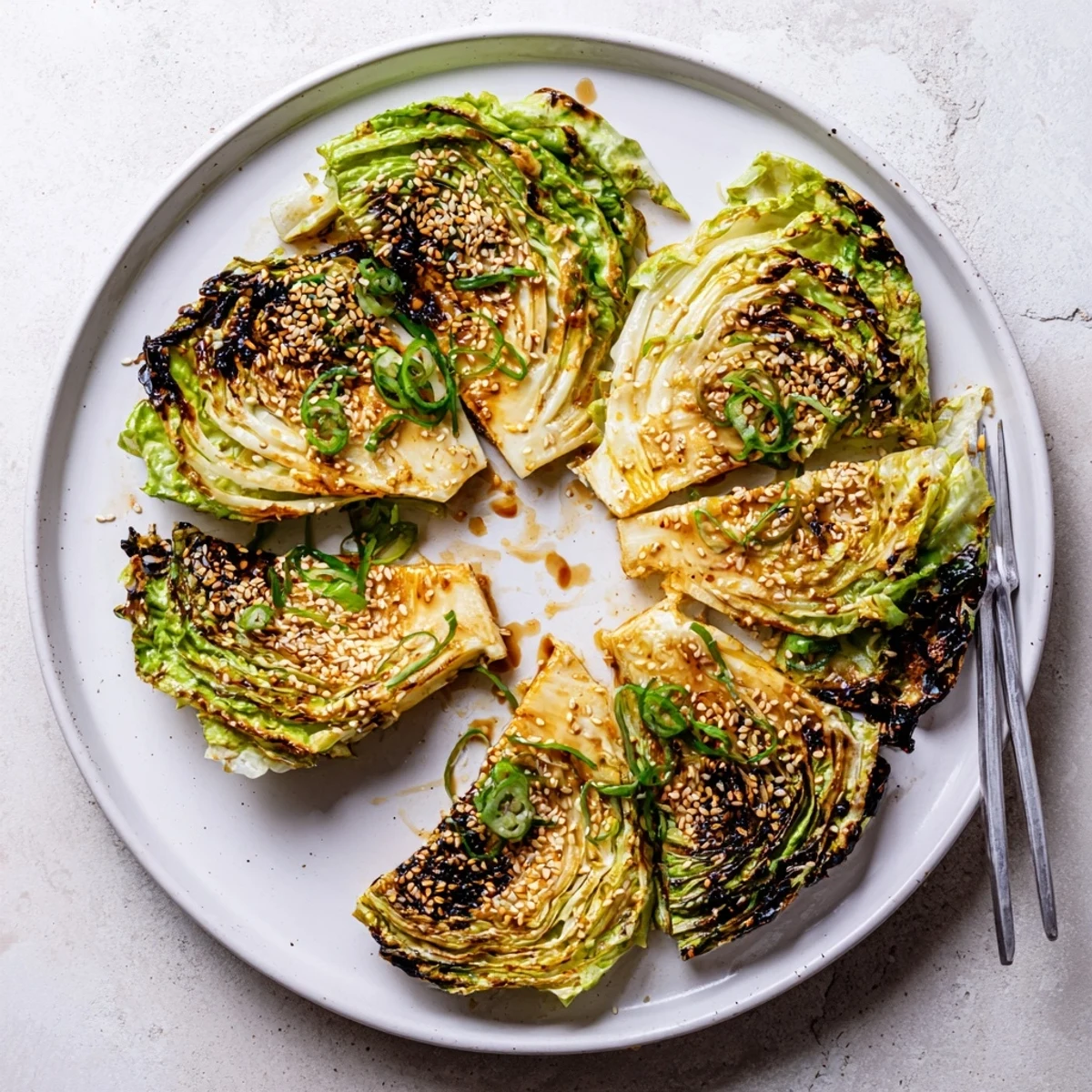 Vegetarian roasted cabbage wedges brushed with umami rich miso butter and chili flakes