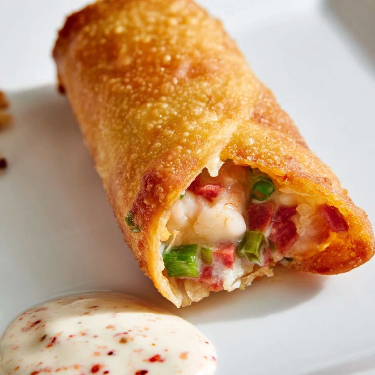 Golden Voodoo egg rolls featuring andouille sausage and shrimp with Cajun dipping sauce