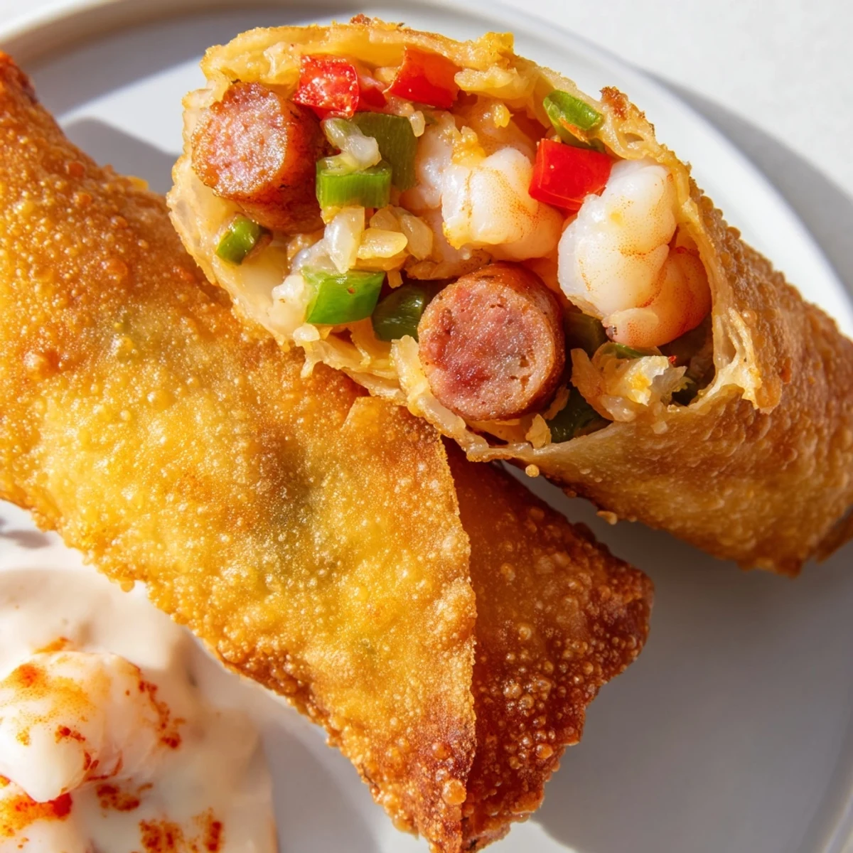 Plate of Voodoo egg rolls served with tangy Cajun mayonnaise dipping sauce