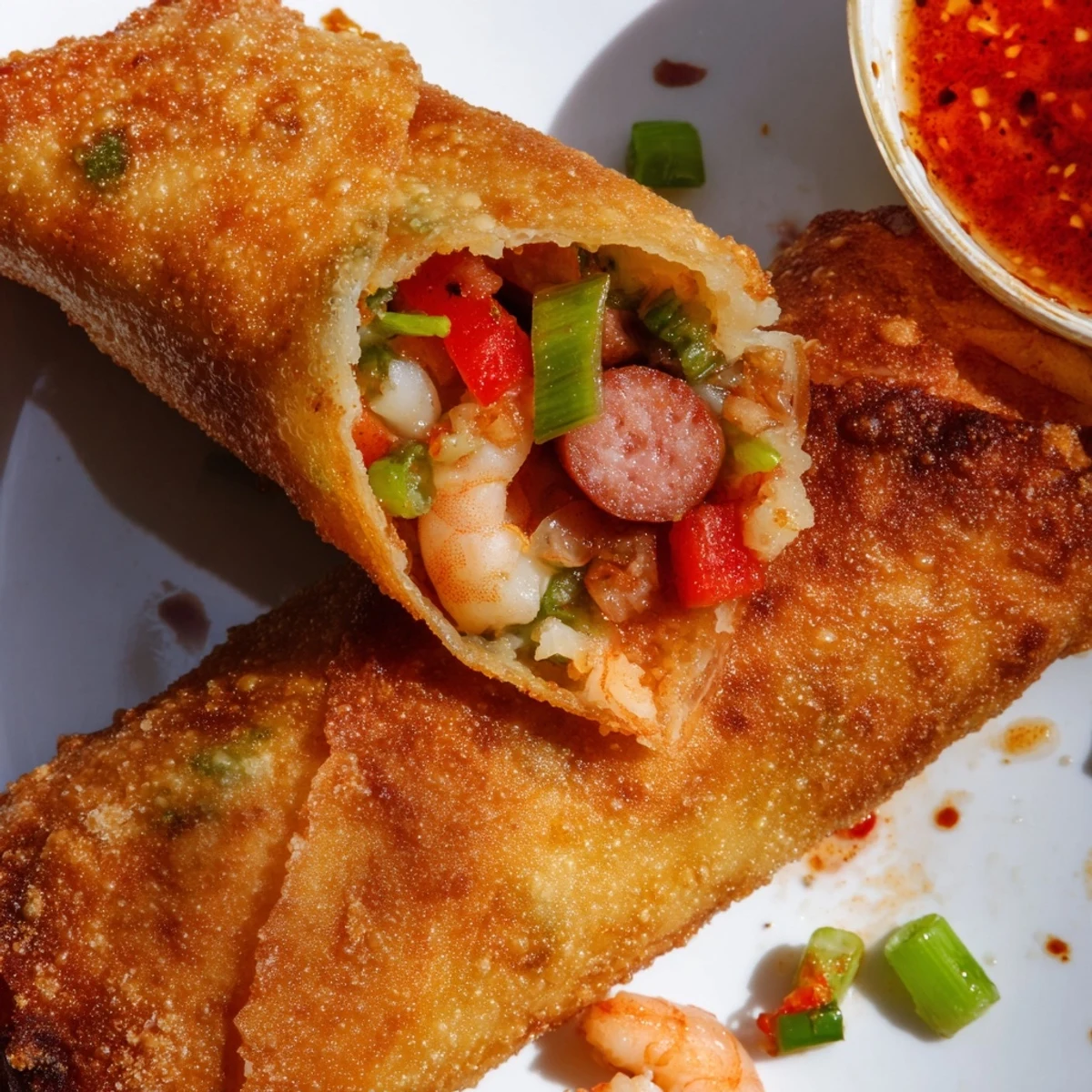 Crispy fried Creole egg rolls packed with spicy andouille shrimp filling and vegetables