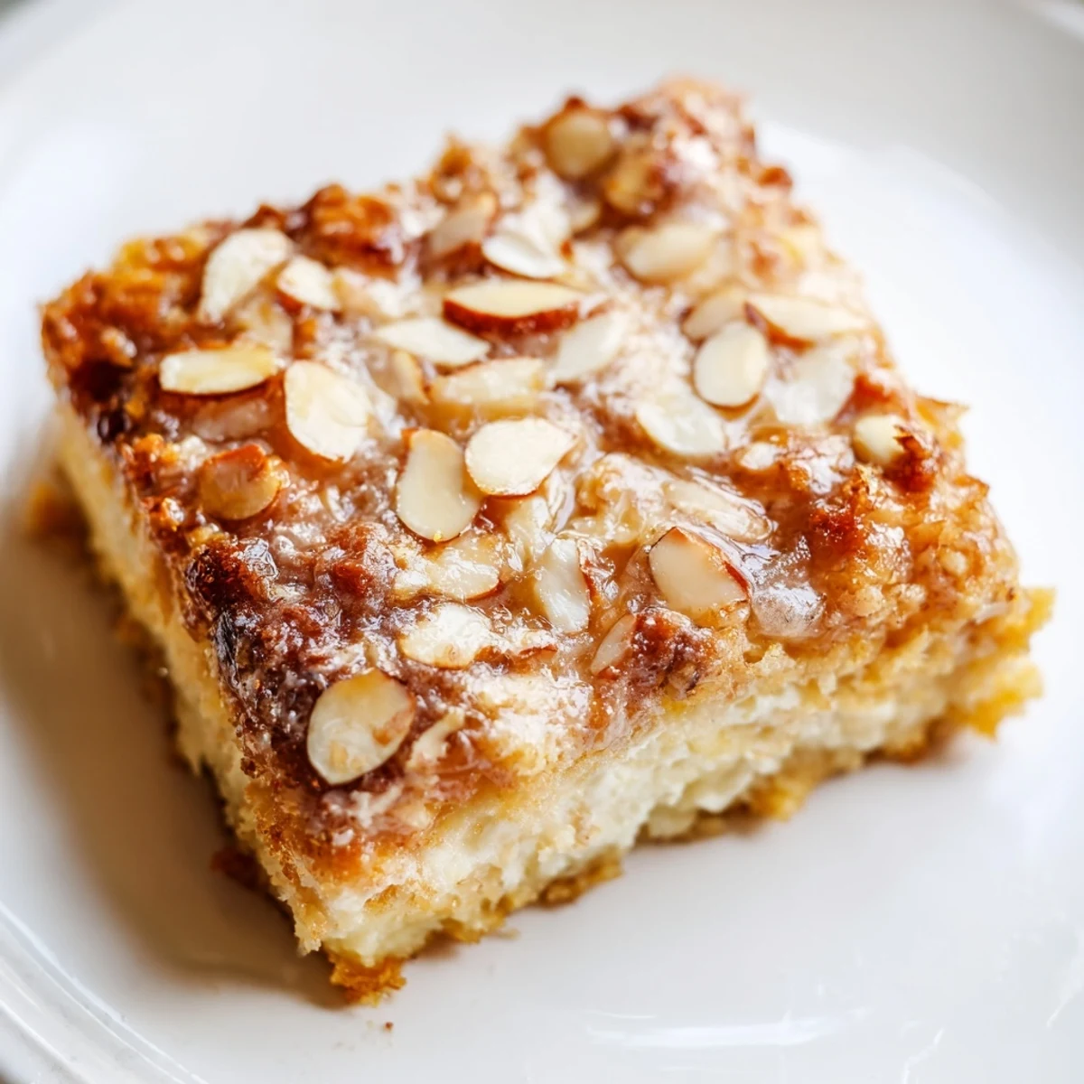Golden easy ricotta cloud squares with almond crunch topping on white serving plate
