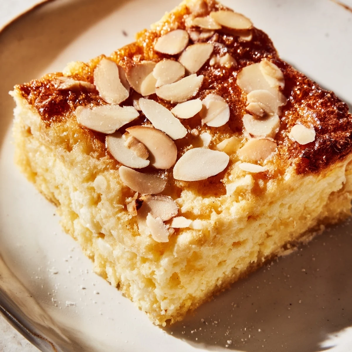 Fluffy baked ricotta cloud squares with caramelized almond layer cut into servings
