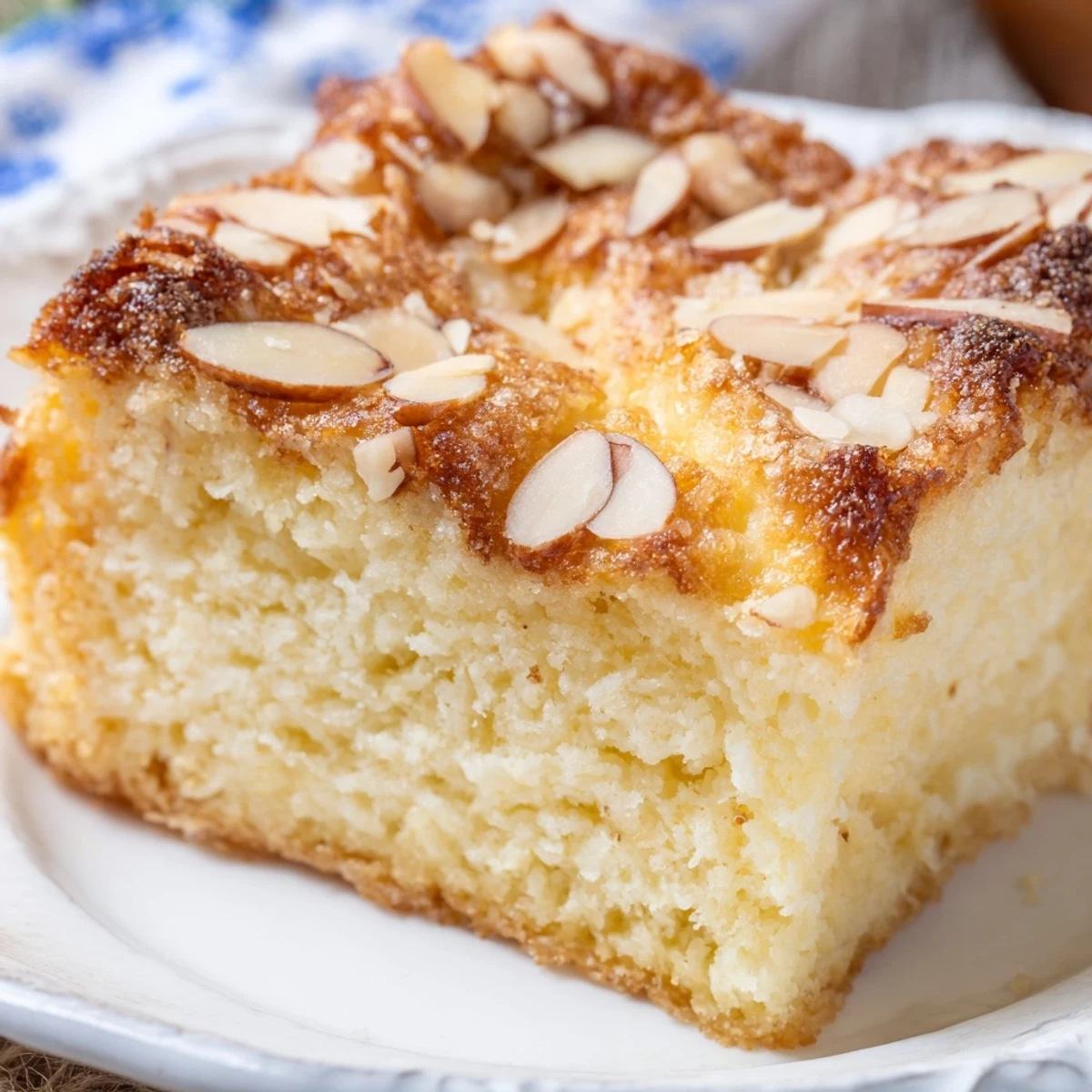White square pan of easy ricotta cloud squares with golden almond topping