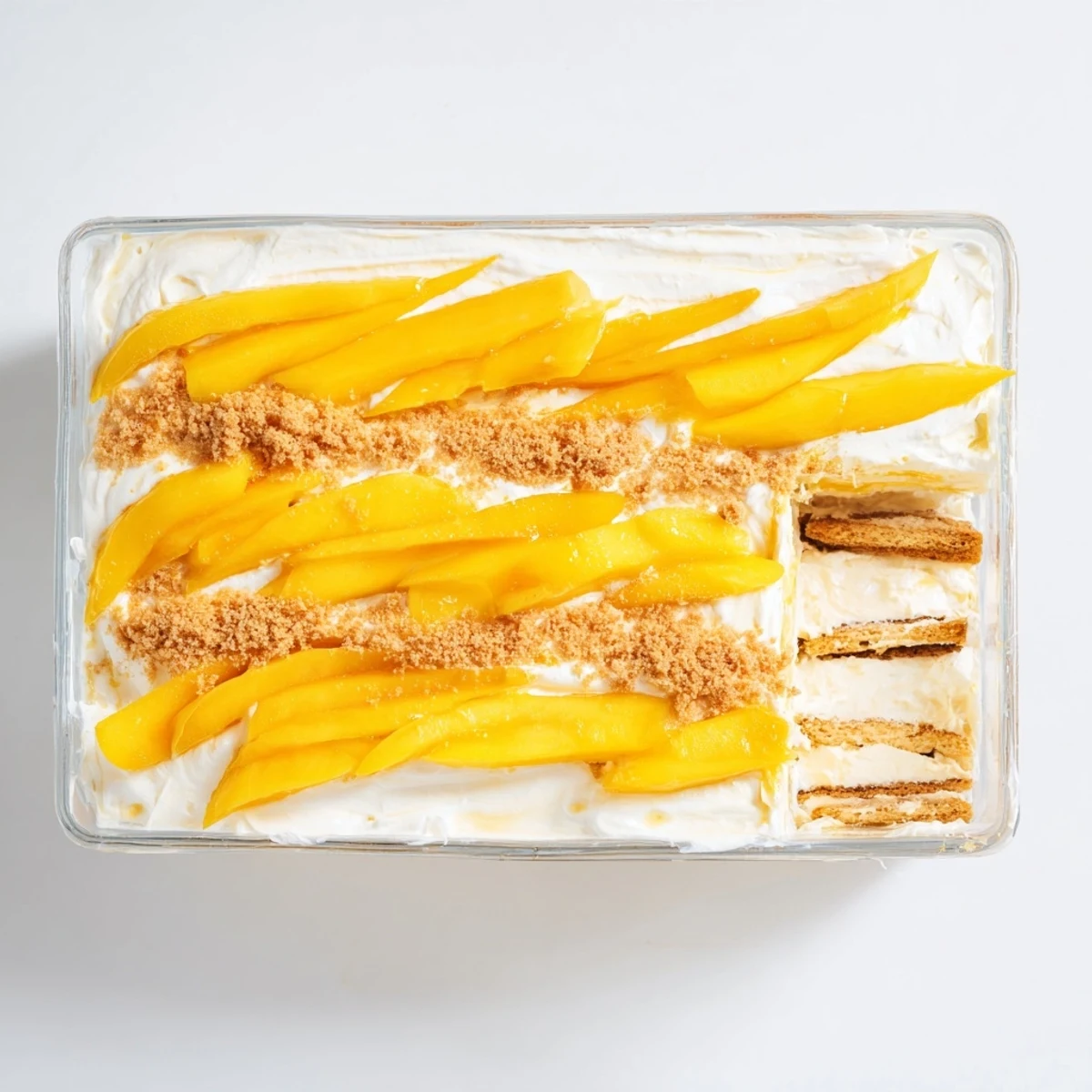 Glass dish showing chilled Filipino Mango Float with alternating mango and cream layers topped with cracker crumbs