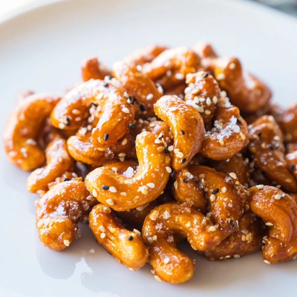 Golden honey sesame cashews arranged on a white plate with scattered toasted seeds.