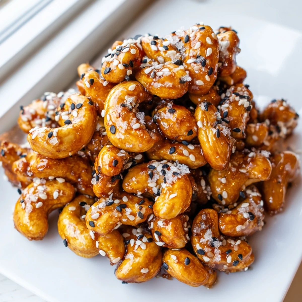 Close-up of crunchy honey glazed cashews topped with golden sesame seeds and sea salt.