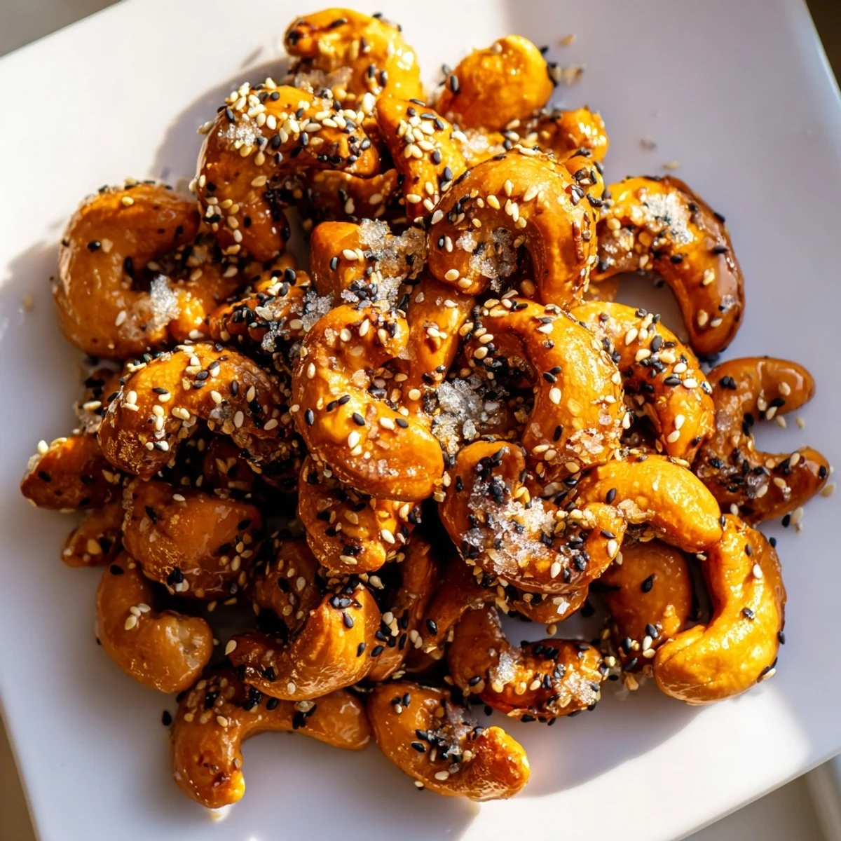 Baking sheet of warm honey sesame cashews fresh from the oven with glossy coating.