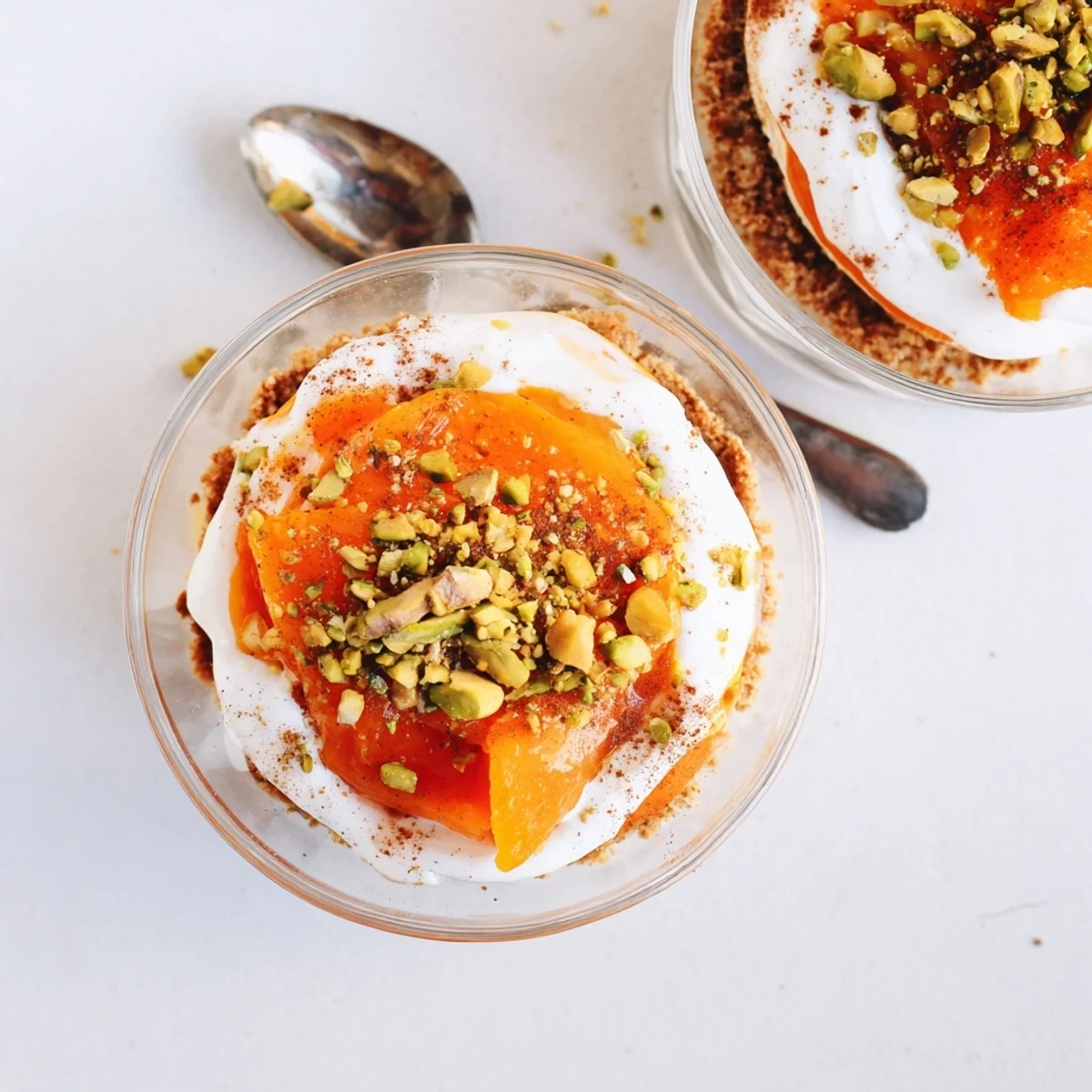 Creamy persimmon cheesecake in a glass with golden crust and vibrant orange fruit topping