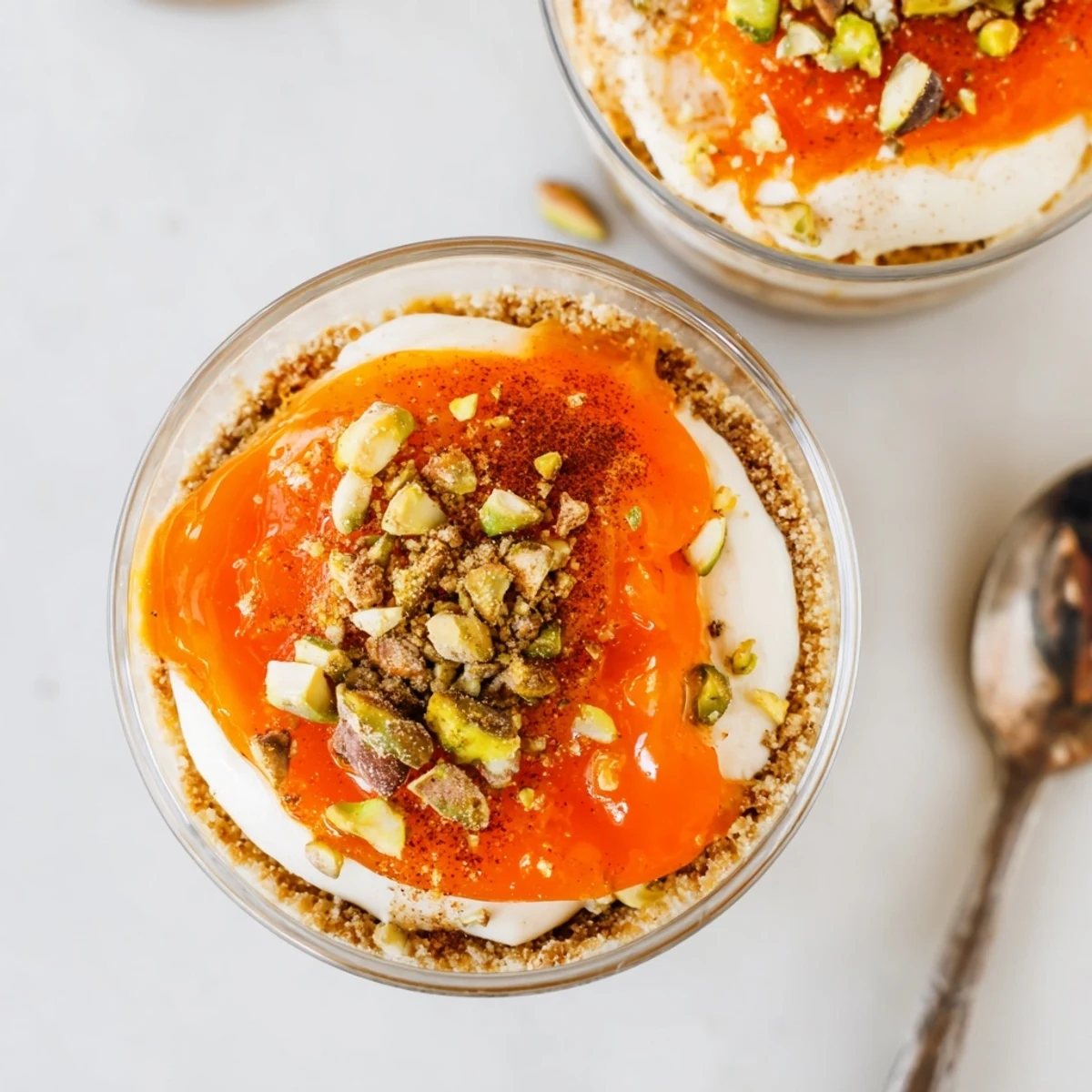 Layered persimmon cheesecake dessert served in clear glass showing white cream and sweet persimmon puree