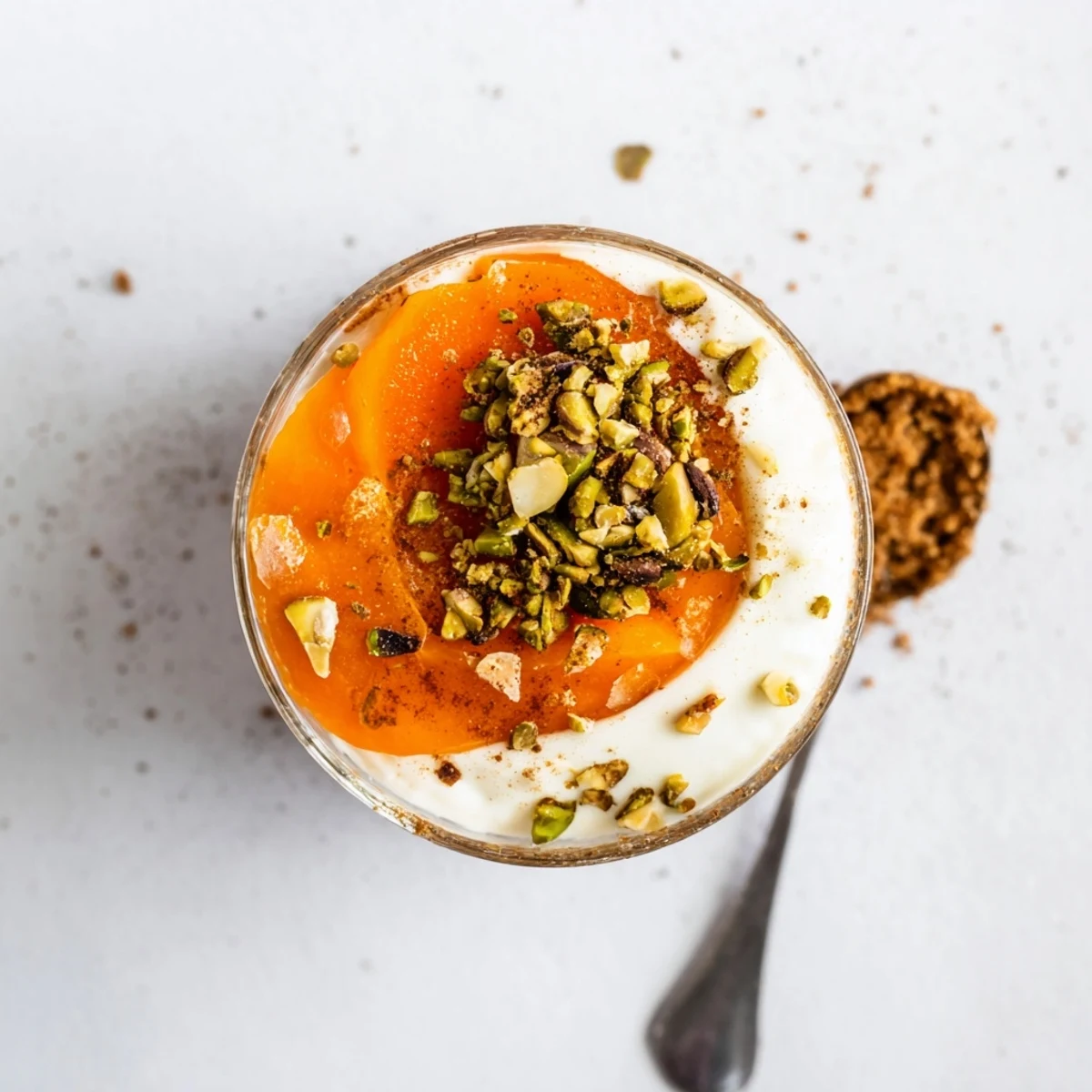 Dairy-free persimmon cheesecake in individual glasses garnished with chopped nuts and ground cinnamon
