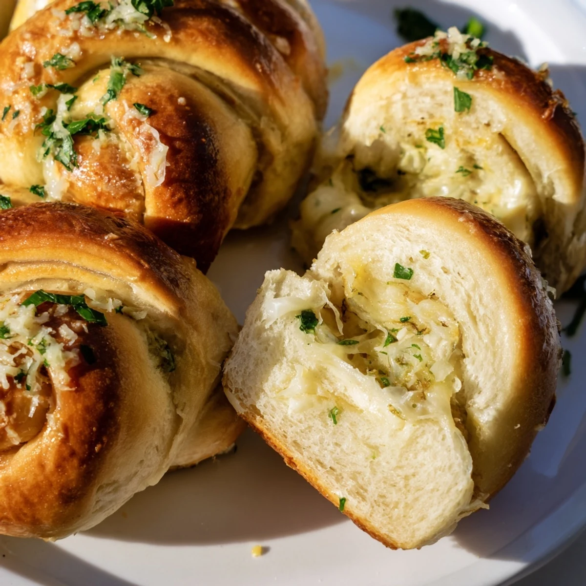 Golden brown buttery cheese garlic rolls fresh from the oven with melted cheese center