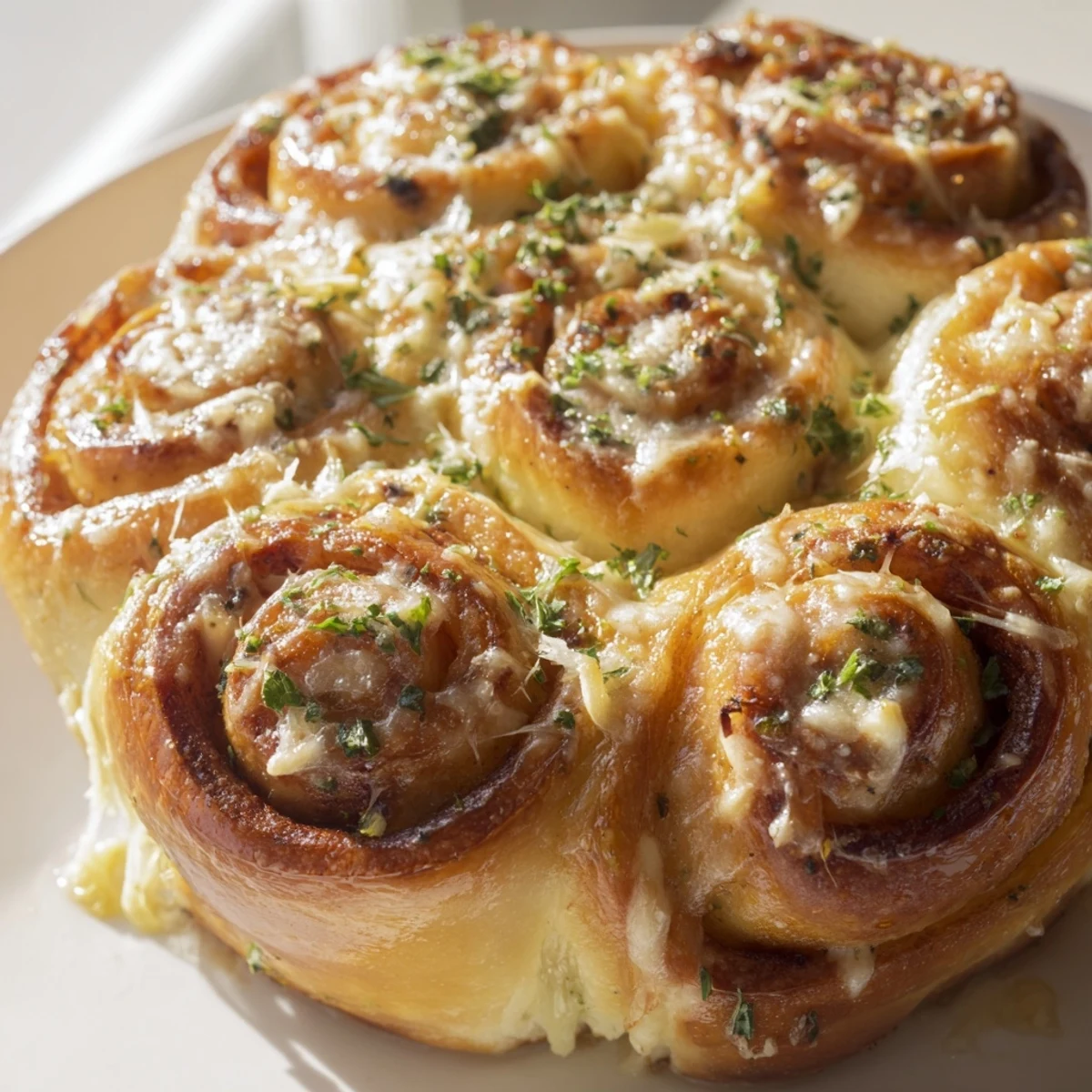 Soft fluffy garlic butter cheese rolls brushed with parsley and Parmesan topping